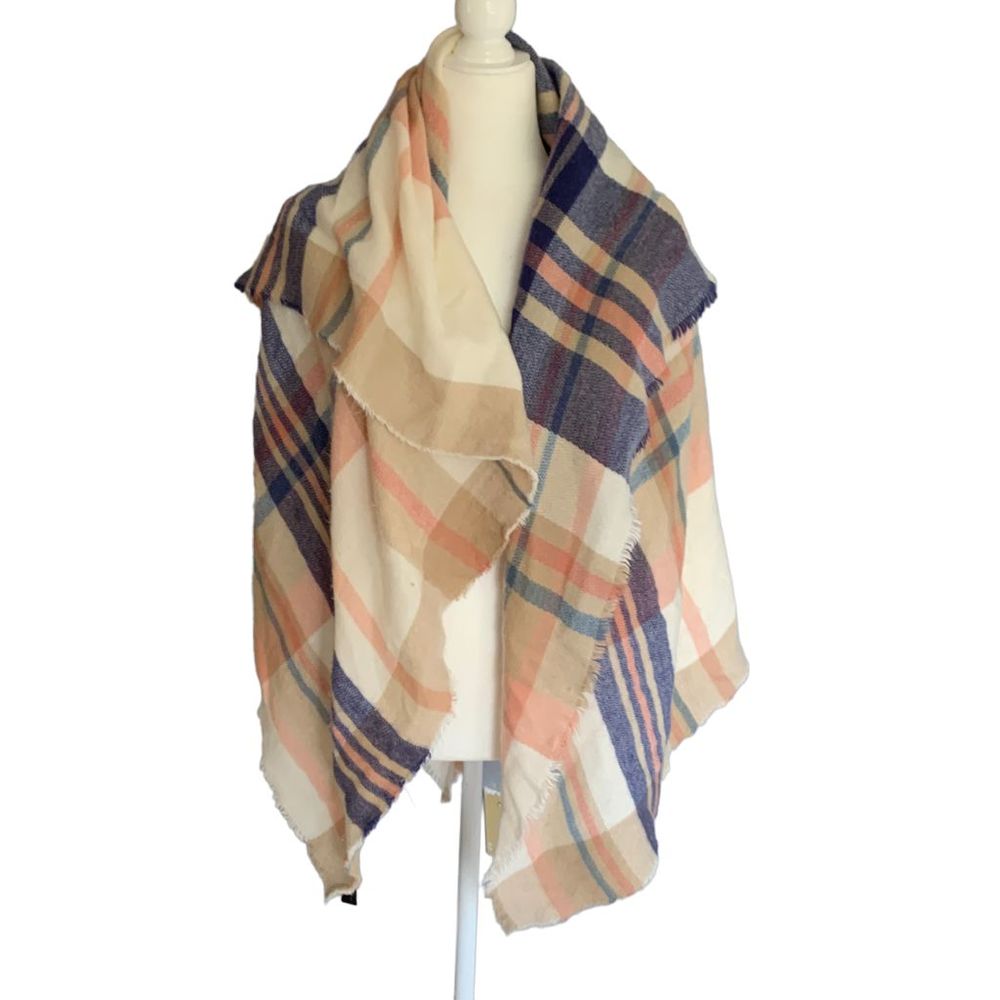Pink Blue Blanket Scarf, Scarf Blanket, Plaid Blanket Scarf, Winter Oversized Sc